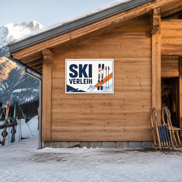 KI-generiertes Anwendungsbeispiel: Ski Verleih Schild mit Skimotiv und klarer Beschriftung an einer Winterhütte zur Wegweisung zum Ausleihschalter.