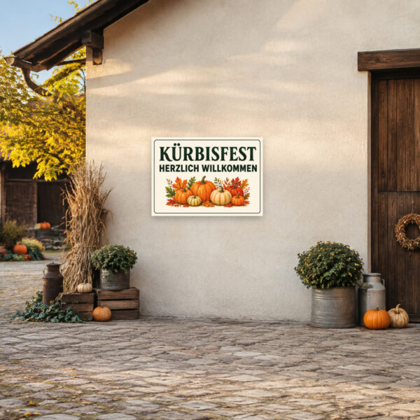 KI-generiertes Anwendungsbeispiel: Querformatiges Kürbisfest Schild mit Herzlich-willkommen-Gruß, Kürbissen und Herbstblättern an einer Wand.