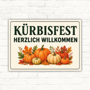 Kürbisfest Schild mit „HERZLICH WILLKOMMEN“ und Kürbissen als querformatiges Dekoschild für den Herbst.