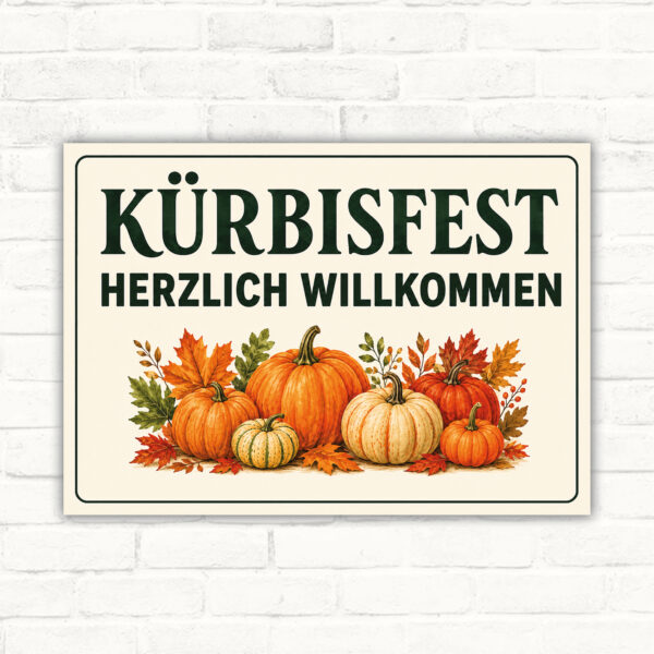 Kürbisfest Schild mit „HERZLICH WILLKOMMEN“ und Kürbissen als querformatiges Dekoschild für den Herbst.