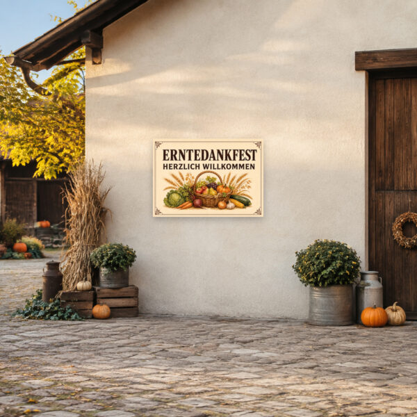 KI-generiertes Anwendungsbeispiel: Erntedankfest Schild mit Erntekorb und Herzlich Willkommen, dekorativ im Eingangsbereich platziert.