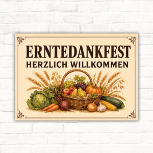 Erntedankfest Schild mit Korb voller Erntegaben und dem Text Herzlich Willkommen als querformatiges Dekoschild.
