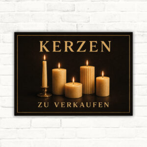 Kerzen zu verkaufen Schild mit fünf Kerzen auf schwarzem Hintergrund und goldener Schrift, dekoratives Verkaufsschild.