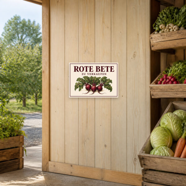 KI-generiertes Anwendungsbeispiel: Schild mit roter Bete und dem Text „Rote Bete zu verkaufen“ an einem Gemüsestand.