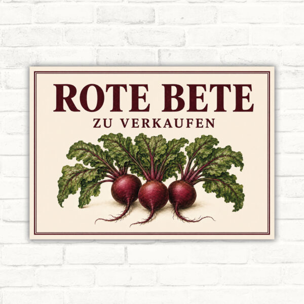 Schild mit roter Bete und dem Text „Rote Bete zu verkaufen“ als Verkaufsschild für Hofladen und Direktvermarktung.