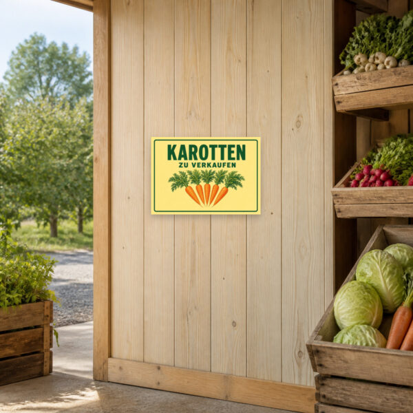KI-generiertes Anwendungsbeispiel: Karotten zu verkaufen Schild als gelbes Verkaufsschild mit grüner Schrift für Hofladen oder Marktstand.