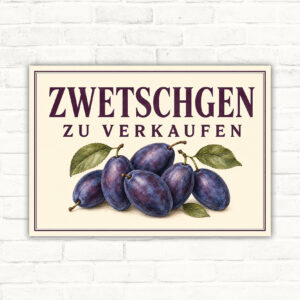 Zwetschgen zu verkaufen Schild mit gut lesbarem Motiv und klarer Beschriftung als bedrucktes Schild aus Aluminium-Verbundplatte.