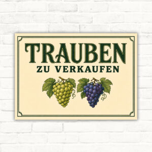 Schild mit Aufschrift Trauben zu verkaufen und zwei Traubenmotiven als Verkaufsschild für Hofladen oder Einfahrt.