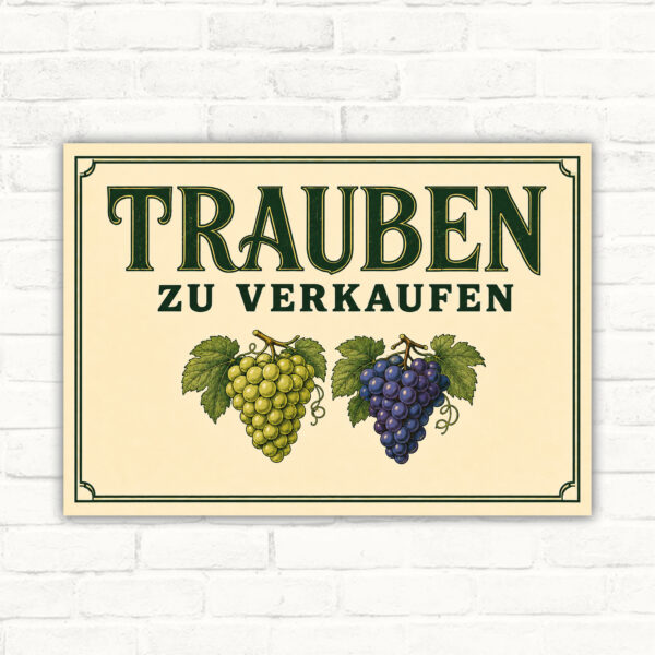 Schild mit Aufschrift Trauben zu verkaufen und zwei Traubenmotiven als Verkaufsschild für Hofladen oder Einfahrt.