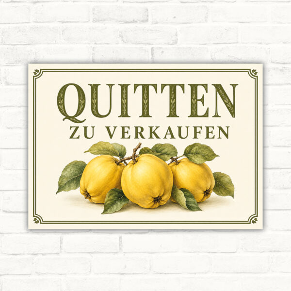 Quitten zu verkaufen Schild mit gelben Quitten und grünem Schriftzug als bedrucktes Verkaufsschild im Querformat.