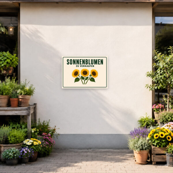 KI-generiertes Anwendungsbeispiel: Sonnenblumen zu verkaufen Schild am passenden Einsatzort mit gut sichtbarem Motiv und klarer Beschriftung.