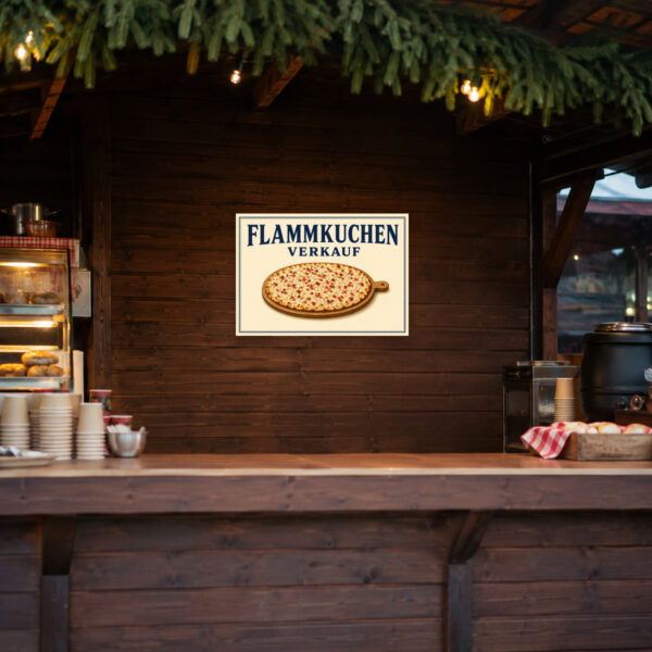 KI-generiertes Anwendungsbeispiel: Flammkuchen Verkaufsschild mit Flammkuchen auf Holzbrett und der Aufschrift „FLAMMKUCHEN VERKAUF“ im Querformat.