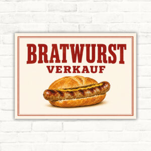 Schild mit der Aufschrift „Bratwurst Verkauf“ und Bratwurst im Brötchen als bedrucktes Verkaufsschild.