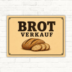 Brot Verkaufsschild mit Brotabbildung und dem Wort VERKAUF als querformatiges Schild für Bäckerei oder Hofladen.