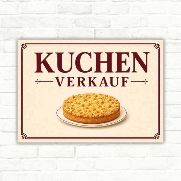 Kuchen Verkauf Schild mit Tortenmotiv und dem Text „KUCHEN VERKAUF“ als dekoratives Verkaufsschild.