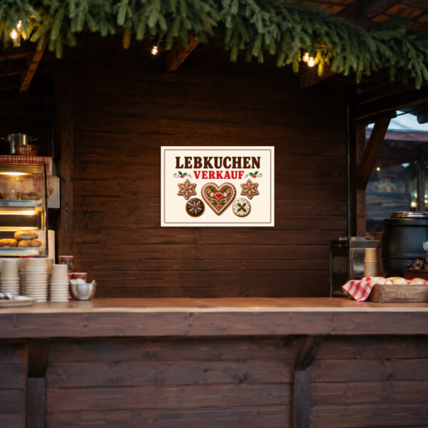 KI-generiertes Anwendungsbeispiel: Lebkuchen Verkauf Schild mit Weihnachtsgebäck und klarer Verkaufsbotschaft für den Marktstand.