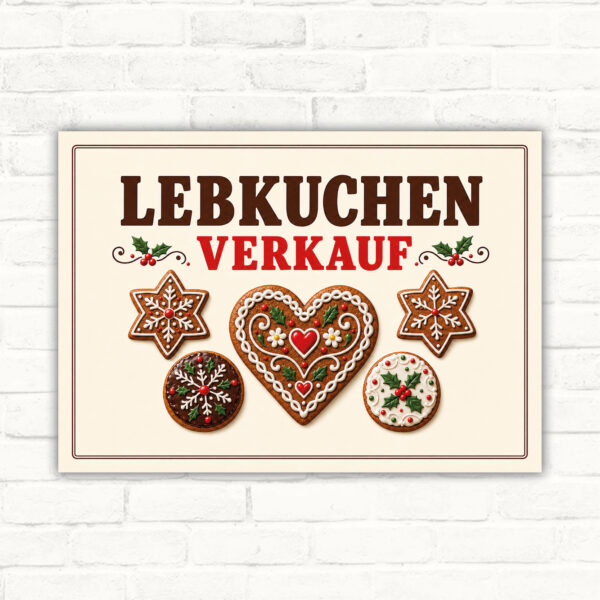 Lebkuchen Verkauf Schild mit Herz- und Sternkeksen, Schriftzug LEBKUCHEN VERKAUF als dekoratives Produktschild.