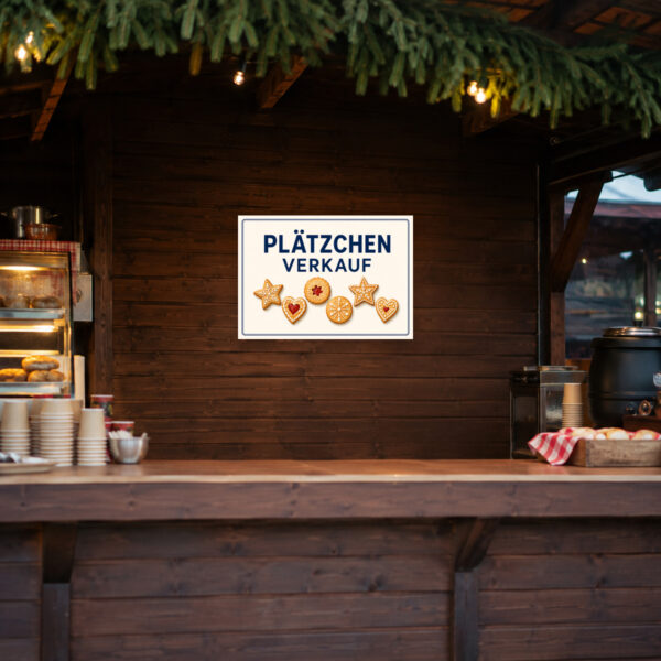 KI-generiertes Anwendungsbeispiel: Plätzchen Verkauf Schild mit Keksmotiven für Marktstand, Theke oder saisonalen Gebäckverkauf.