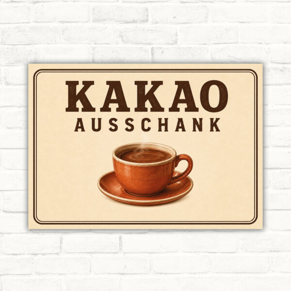 Kakao Ausschank Schild im Querformat mit Tasse und brauner Schrift auf beigem Hintergrund als Verkaufsschild.