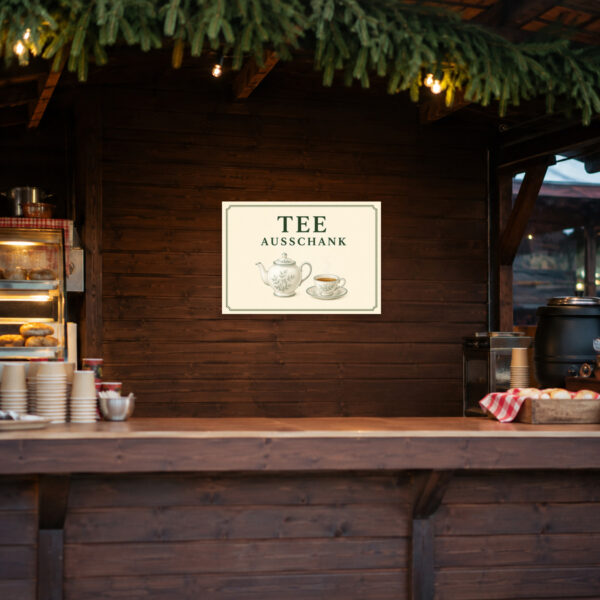 KI-generiertes Anwendungsbeispiel: Tee Ausschank Schild mit Teekanne und Tasse als dekorativer Hinweis an der Café-Theke.