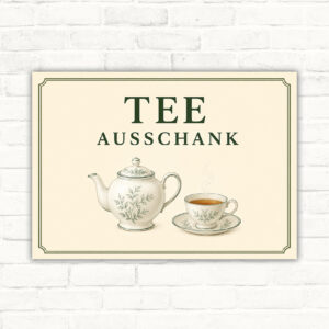 Tee Ausschank Schild mit Teekanne, Tasse und klassischem Schriftzug auf hellem Hintergrund.