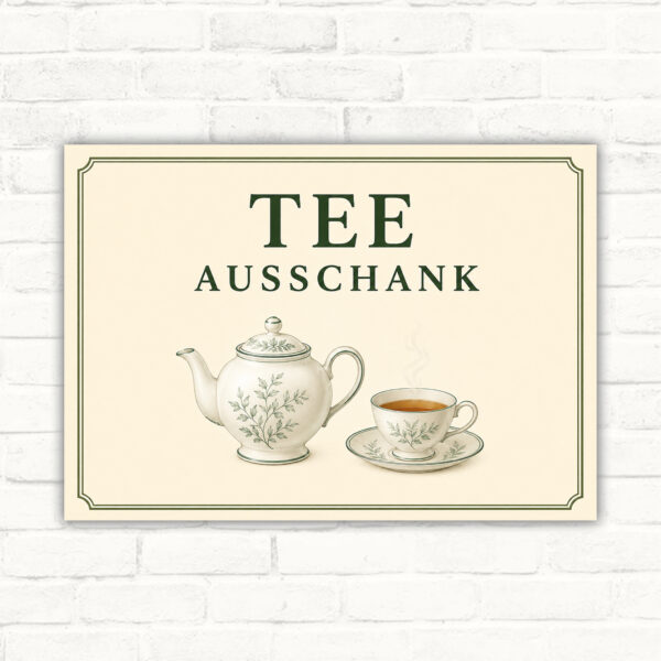 Tee Ausschank Schild mit Teekanne, Tasse und klassischem Schriftzug auf hellem Hintergrund.