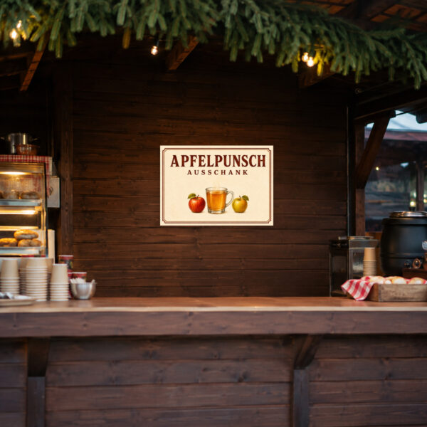 KI-generiertes Apfelpunsch Ausschank Schild mit dampfendem Becher und Äpfeln als Anwendungsbeispiel für einen herbstlichen Verkaufsstand.