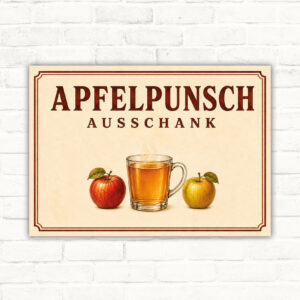 Apfelpunsch Ausschank Schild mit dampfendem Becher und Äpfeln, bedrucktes Schild für Verkauf und Ausschank.