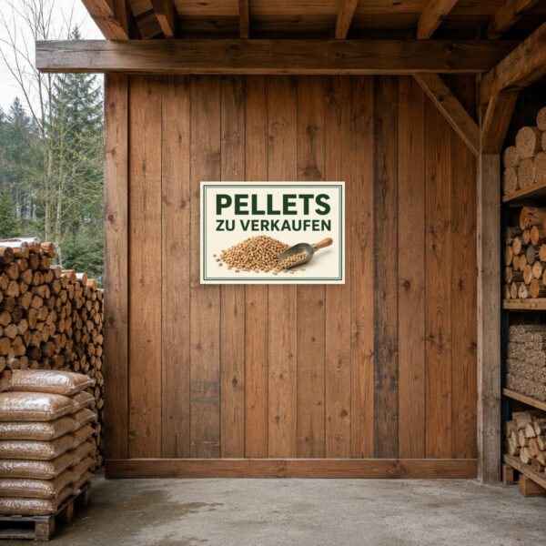KI-generiertes Anwendungsbeispiel: Pellets zu verkaufen Schild im Querformat mit Pelletmotiv an einer Hofeinfahrt als Verkaufshinweis.