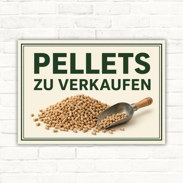 Pellets zu verkaufen Schild mit grünem Text und Pelletmotiv als Verkaufsschild im Querformat.