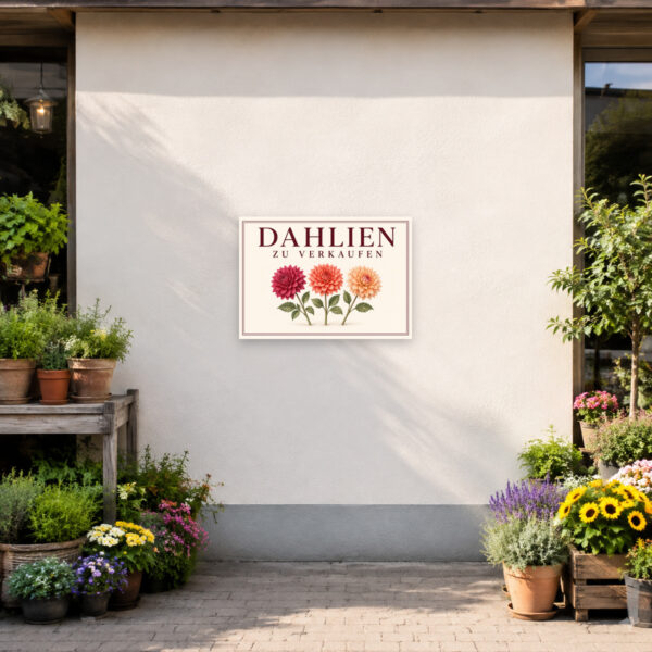 KI-generiertes Anwendungsbeispiel: Dahlien zu verkaufen Schild mit drei Blüten in Rosa, Orange und Creme an einer hellen Ziegelwand.