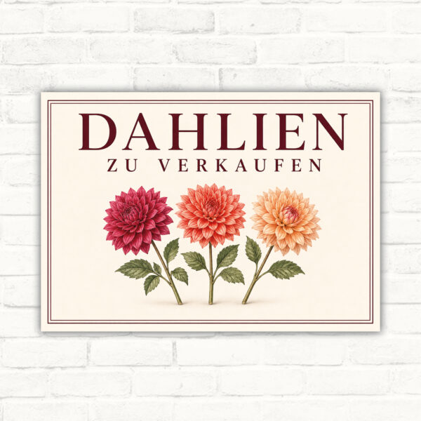 Schild mit der Aufschrift Dahlien zu verkaufen und drei farbigen Dahlienblüten als dekoratives Verkaufsschild.