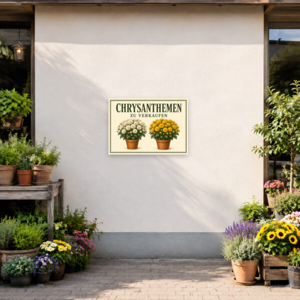 KI-generiertes Anwendungsbeispiel: Ein Chrysanthemen zu verkaufen Schild als dekoratives Verkaufsschild mit zwei Topfpflanzen im Querformat.