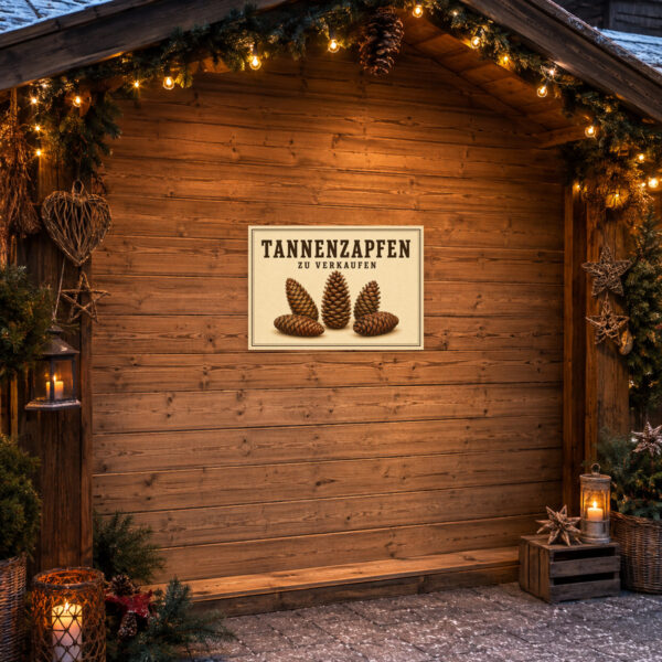 KI-generiertes Beispiel: Tannenzapfen zu verkaufen Schild mit rustikalem Naturmotiv als saisonaler Verkaufshinweis am Hofstand.