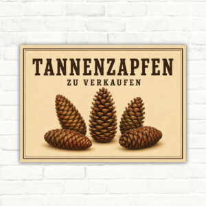 Schild mit Tannenzapfen und dem Text „TANNENZAPFEN ZU VERKAUFEN“ als dekoratives Verkaufsschild.