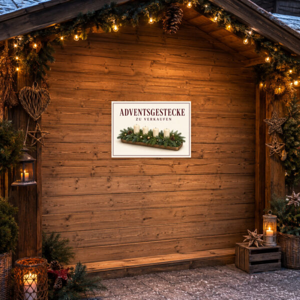KI-generiertes Anwendungsbeispiel: Querformat-Schild mit Adventsgestecken und dem Text „Adventsgestecke zu verkaufen“ für den saisonalen Verkauf.