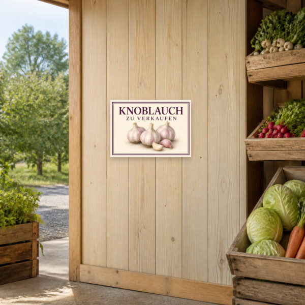 KI-generiertes Anwendungsbeispiel: Querformat-Schild mit Knoblauchmotiv und dem Text „Knoblauch zu verkaufen“ für den Hofverkauf.