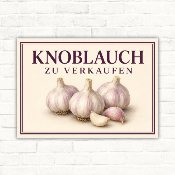 Schild mit Knoblauchmotiv und dem Text „Knoblauch zu verkaufen“ als Verkaufsschild im Querformat.