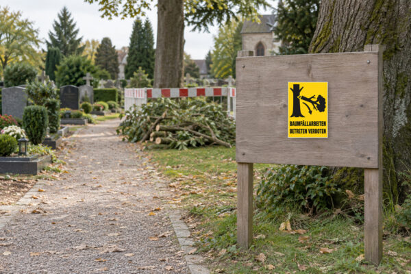 Baumfällarbeiten – Betreten verboten Schild – Hochformat – Bild 2