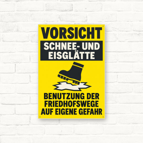 Vorsicht Schnee- und Eisglätte – Friedhofswege auf eigene Gefahr Schild – Hochformat