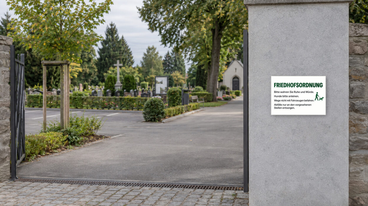 KI-generiertes Anwendungsbeispiel: Friedhofsordnung Schild – Querformat passend auf einem Friedhof angebracht.