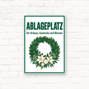 Ablageplatz für Kränze, Gestecke und Blumen Schild – Hochformat als Standard-Mockup mit gut lesbarem Friedhofsmotiv.