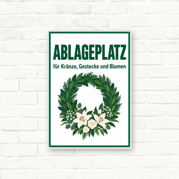 Ablageplatz für Kränze, Gestecke und Blumen Schild – Hochformat als Standard-Mockup mit gut lesbarem Friedhofsmotiv.