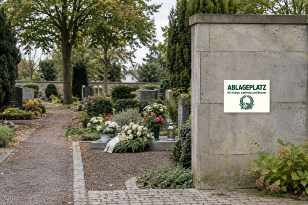 KI-generiertes Anwendungsbeispiel: Ablageplatz für Kränze, Gestecke und Blumen Schild – Querformat passend auf einem Friedhof angebracht.