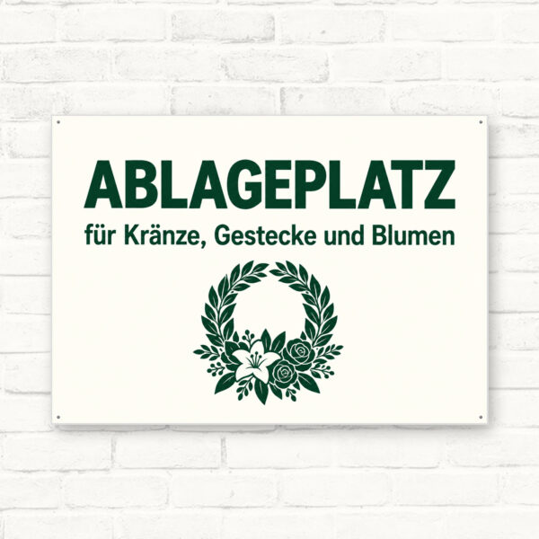 Ablageplatz für Kränze, Gestecke und Blumen Schild – Querformat als Standard-Mockup mit gut lesbarem Friedhofsmotiv.