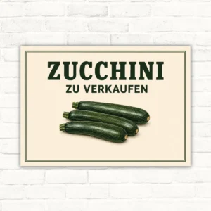 Zucchini zu verkaufen Schild mit drei Zucchini und grünem Schriftzug auf hellem Hintergrund als Verkaufsschild.