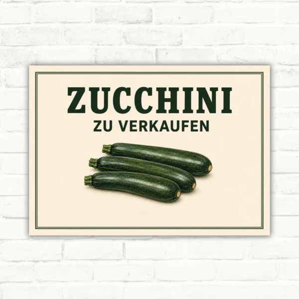 Zucchini zu verkaufen Schild mit drei Zucchini und grünem Schriftzug auf hellem Hintergrund als Verkaufsschild.