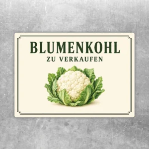 Blumenkohl zu verkaufen Aufkleber mit grünem Motiv und hellem Hintergrund für Hofladen und Marktstand.