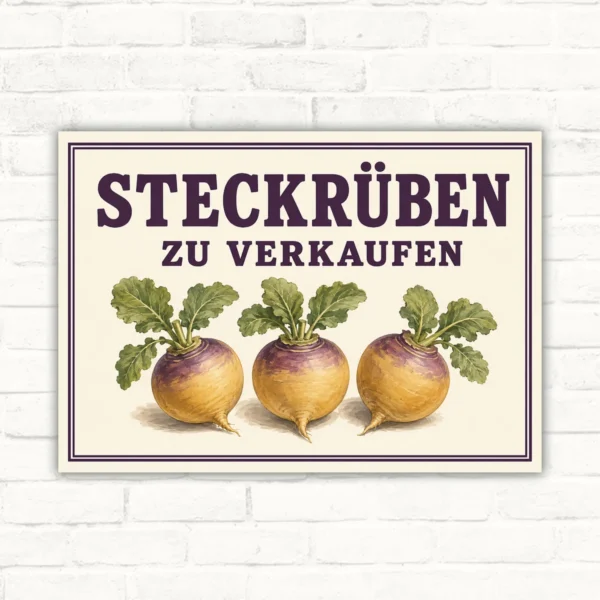 Schild mit drei Steckrüben und dem Text „STECKRÜBEN ZU VERKAUFEN“ als Verkaufsschild im Querformat.