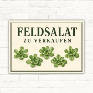 Feldsalat zu verkaufen Schild mit grünen Feldsalat-Blättern und großer Schrift auf hellem Grund.